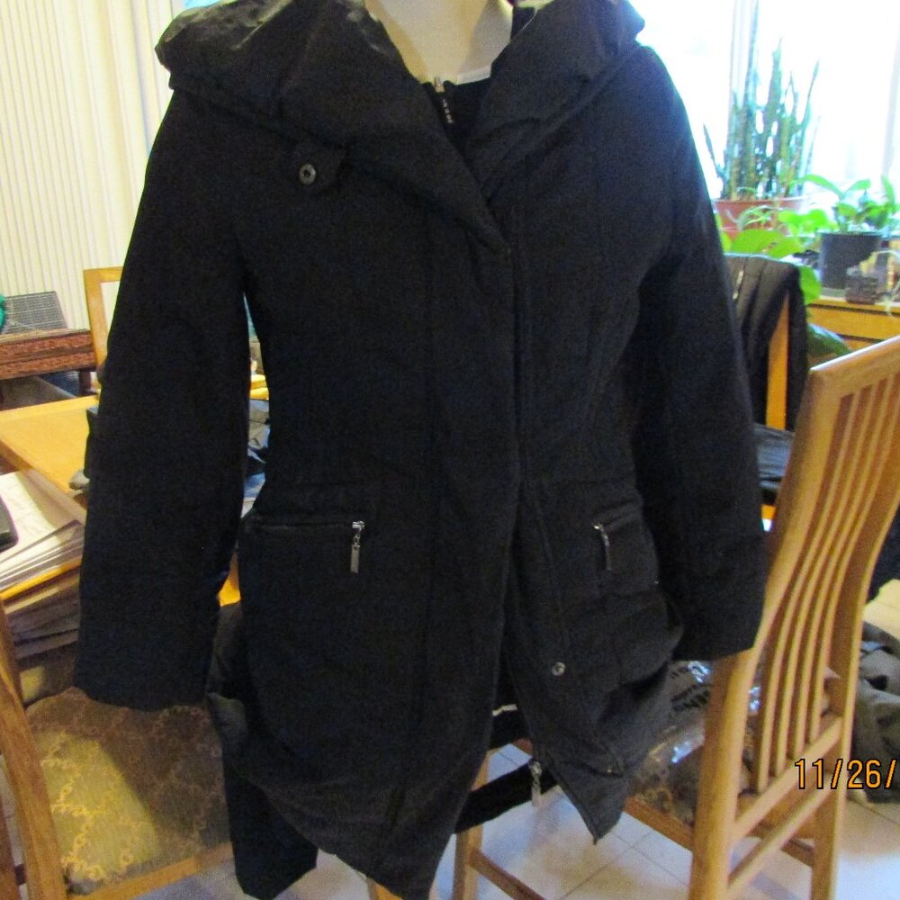 Warm long black jacket with hood
